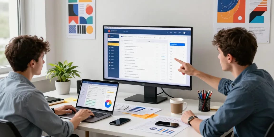Buy app installs through a modern team collaboration scene showcasing developers analyzing app performance.