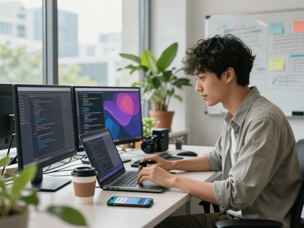 Developer coding on a laptop within a modern workspace, focused on creating pikashow apk applications, with vibrant office backdrop.