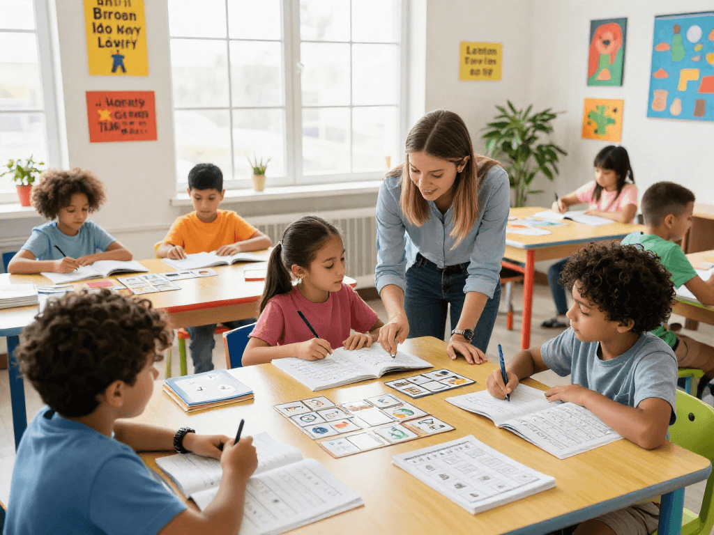 Children learning with math and english tutors in a bright classroom