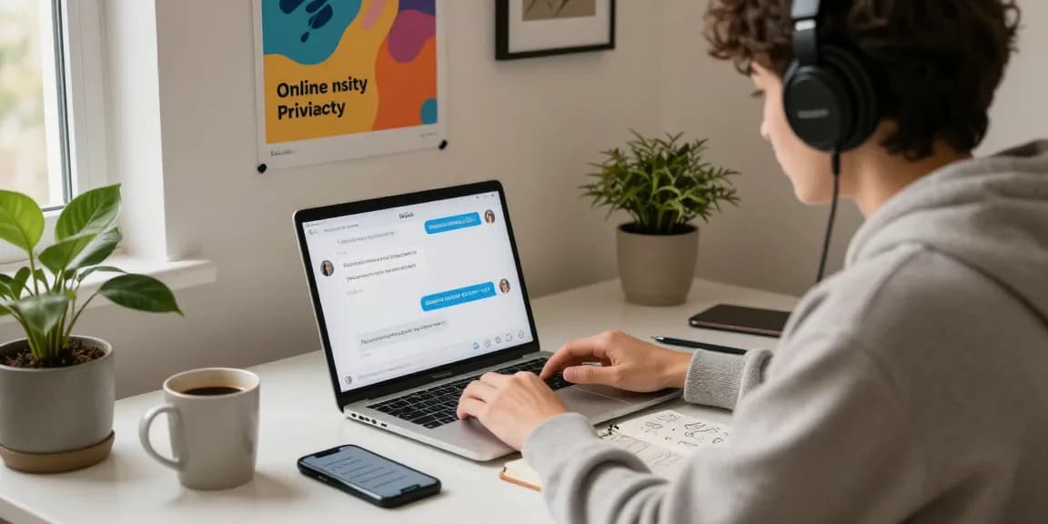 Engaged user in an nsfw chat in modern home office with laptop and cozy atmosphere.