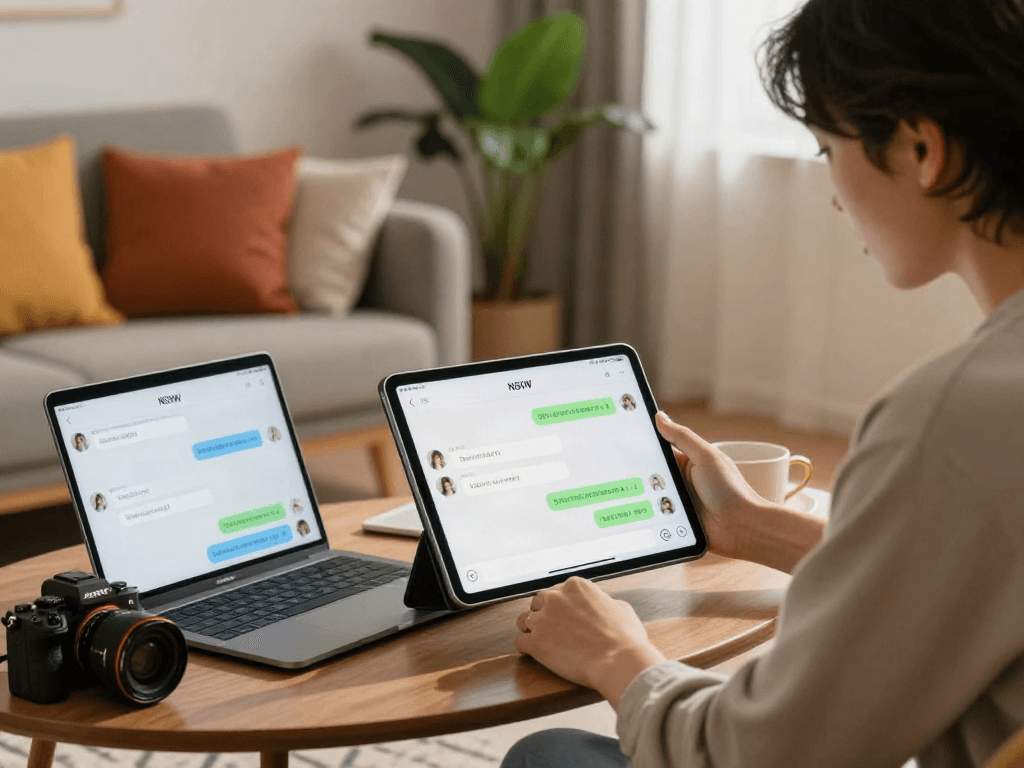 User engaging with an NSFW chat bot on a tablet in a cozy living room setting.