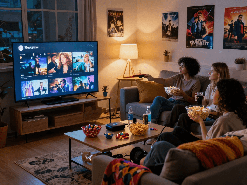 Group of friends enjoying a movie night using the Moviebox apk in a cozy living room.