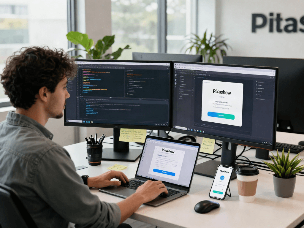 Pikashow app download in modern workspace with developer coding, multiple screens, and natural light.