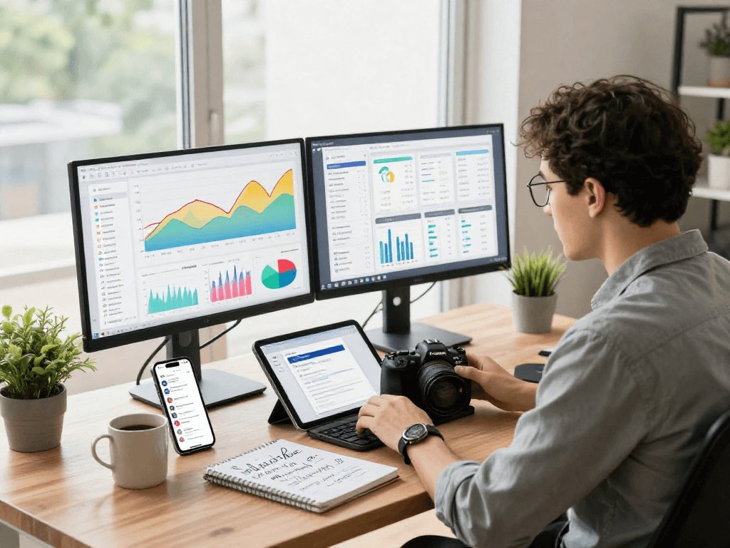 Marketer analyzes app metrics in a bright office, emphasizing strategies to buy app installs.