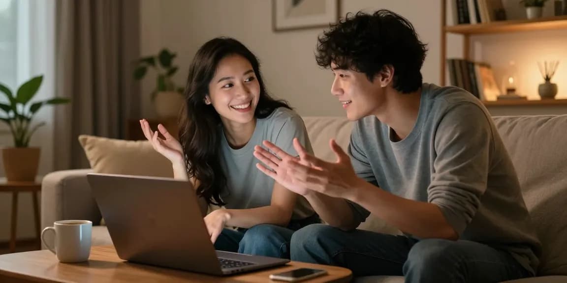 Engaging 1v1 chat between two people in a cozy living room setting.