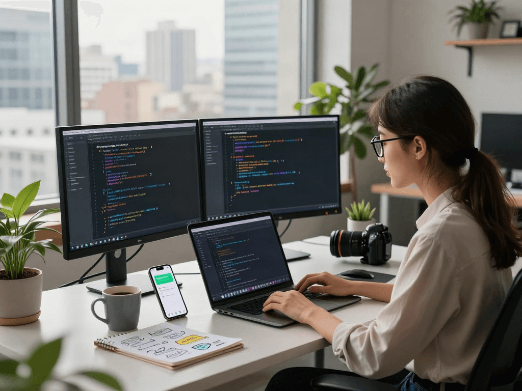 Developer using gbwhatsapp on dual monitors in a modern office setting.