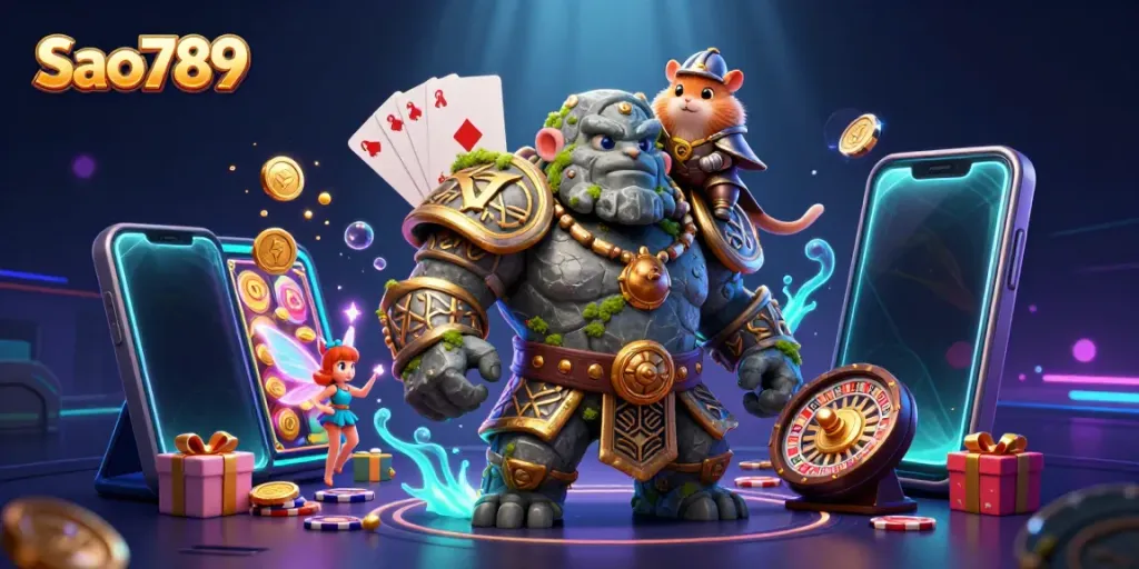 Sao789's vibrant 3D scene depicts a golem, fairy, and hamster knight amidst dynamic gambling elements.