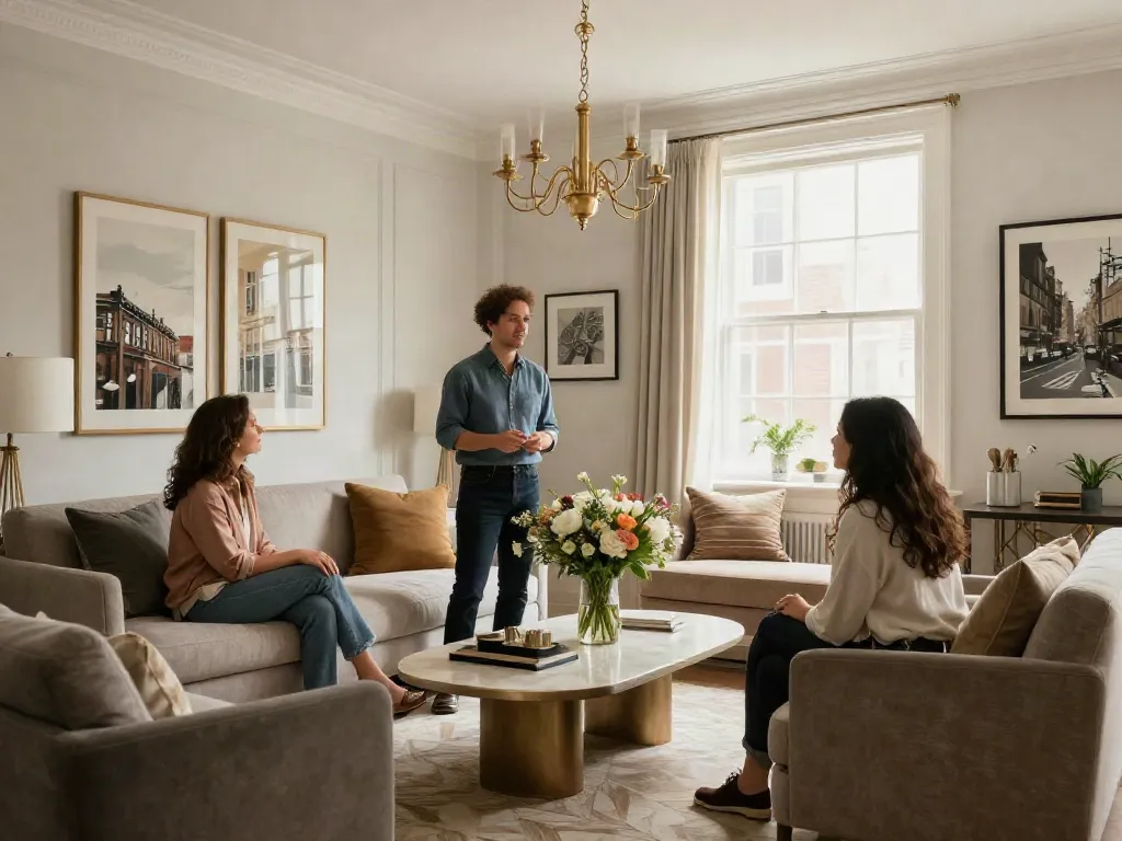 Stylish Brooklyn interior designer collaborating with clients in an elegant living room.
