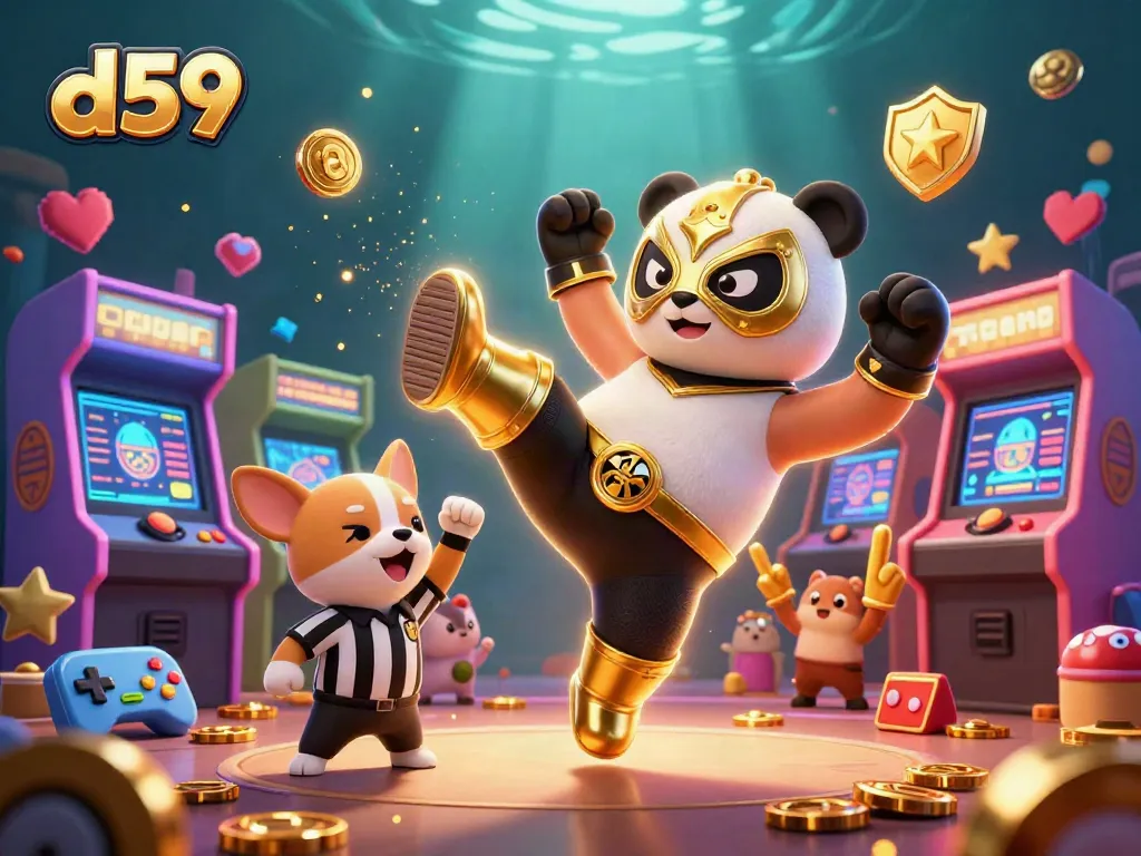 Experience high-energy action at d59 with a panda wrestler flying through vibrant casino-themed scene.