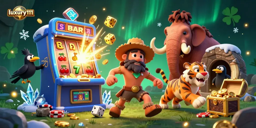 Experience luxury111 gaming as the caveman and sabertooth tiger bring excitement to a prehistoric casino scene.