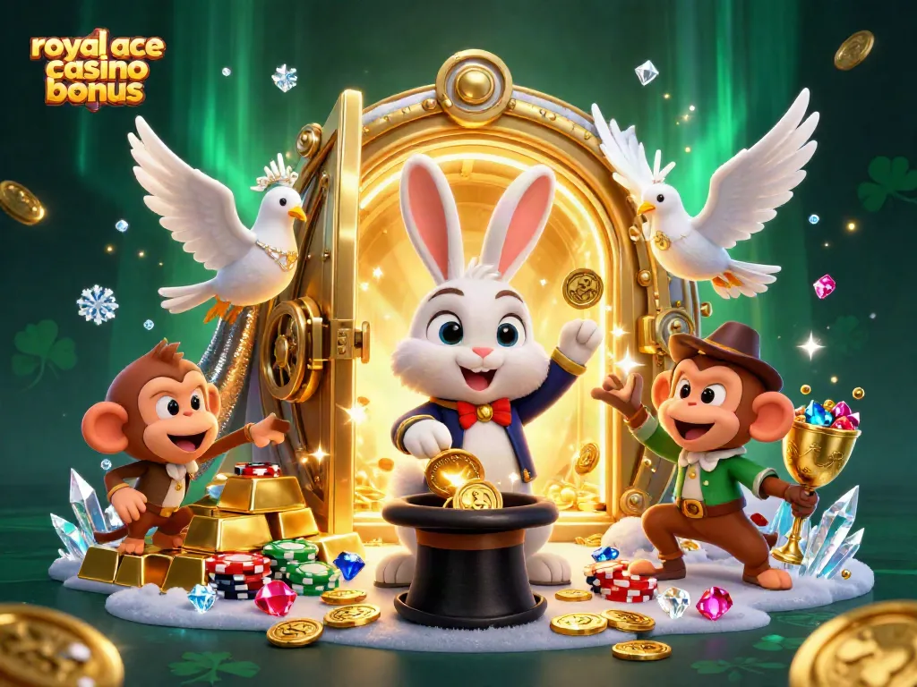 Win with royal ace casino bonus as a magician rabbit conjures golden coins and poker chips.