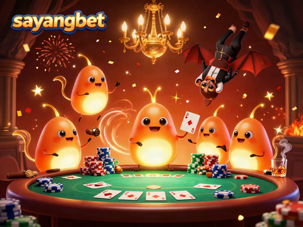 Engage with sayangbet’s vibrant casino scene illuminated by glowworms, featuring poker and colorful chips.