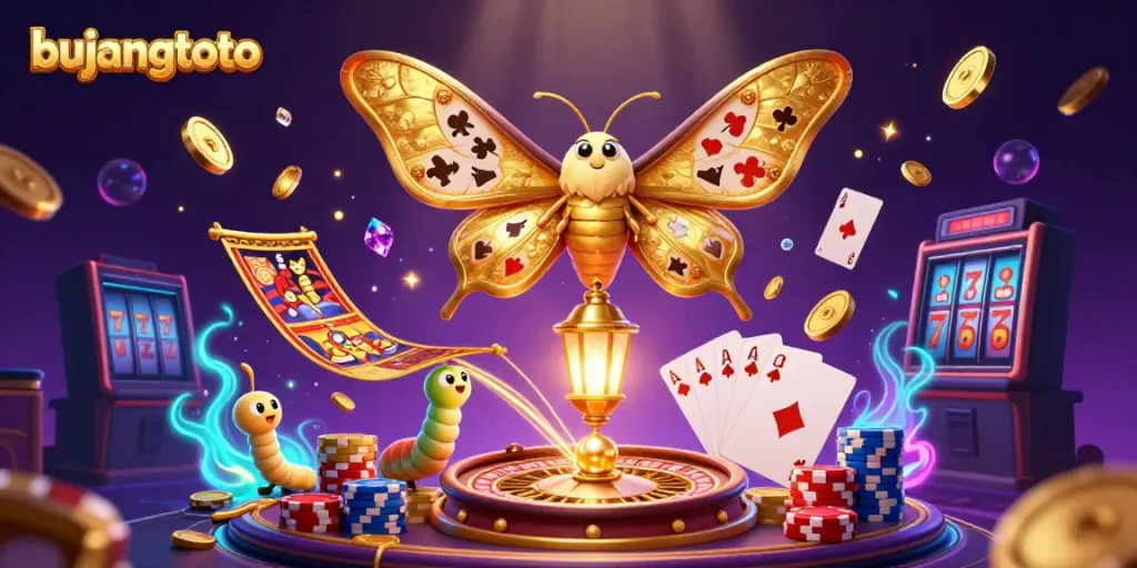 Engage in thrilling casino action at Bujangtoto, with vibrant 3D visuals depicting games, coins, and excitement.