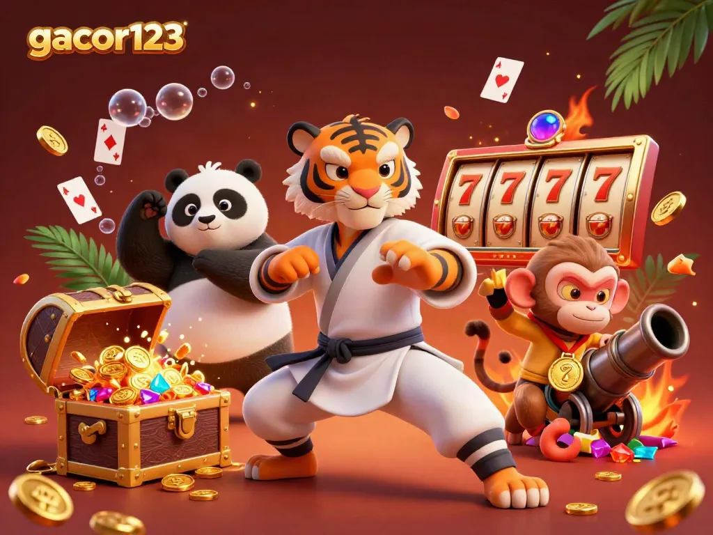 Engaging 3D illustration of gacor123 featuring a kung fu tiger, panda, and monkey amid slot machines, showcasing a vibrant casino atmosphere.