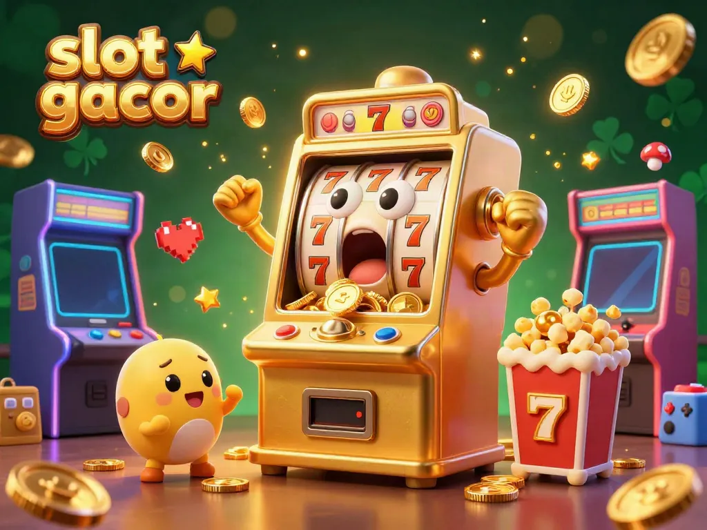 Experience the excitement of slot gacor as golden coins pour from a joyful slot machine.