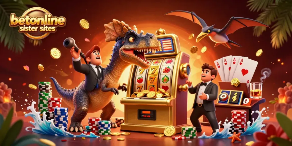 Experience the thrill of betonline sister sites with vibrant casino action, featuring cartoon dinosaurs in a dynamic setting.