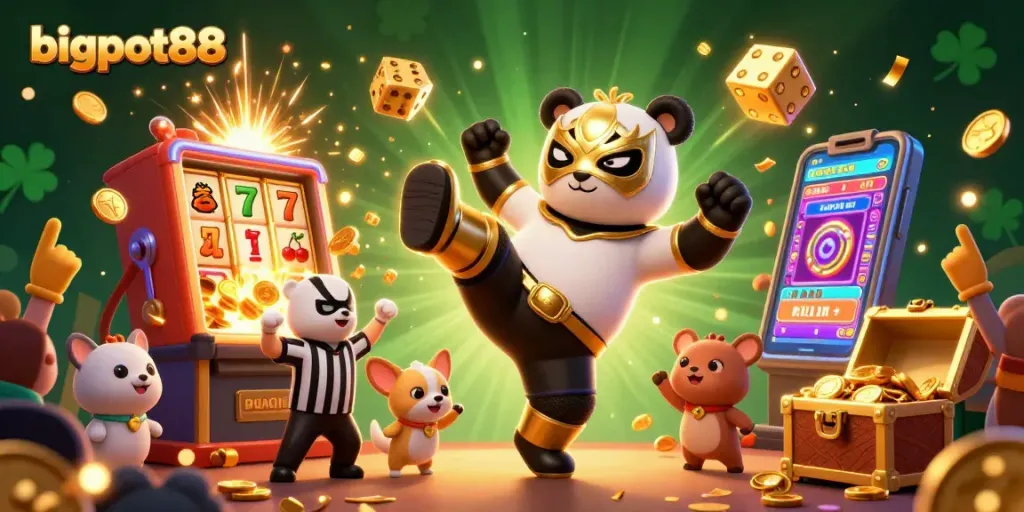 Raih jackpot dalam permainan bigpot88 dengan ilustrasi kasino yang penuh warna dan dinamis.