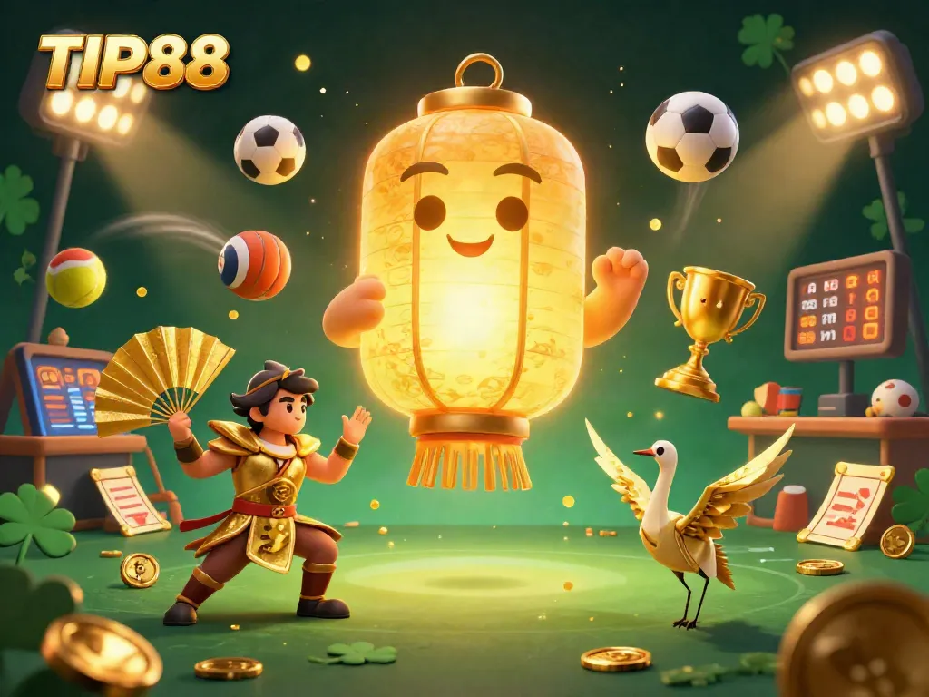 Engage with TIP88, a lively online casino experience, filled with dynamic sports betting elements and vibrant characters.