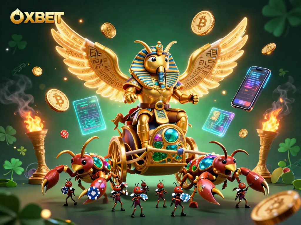 Engage with OXBET's thrilling casino experience featuring a golden scarab and jewel-encrusted scorpions.