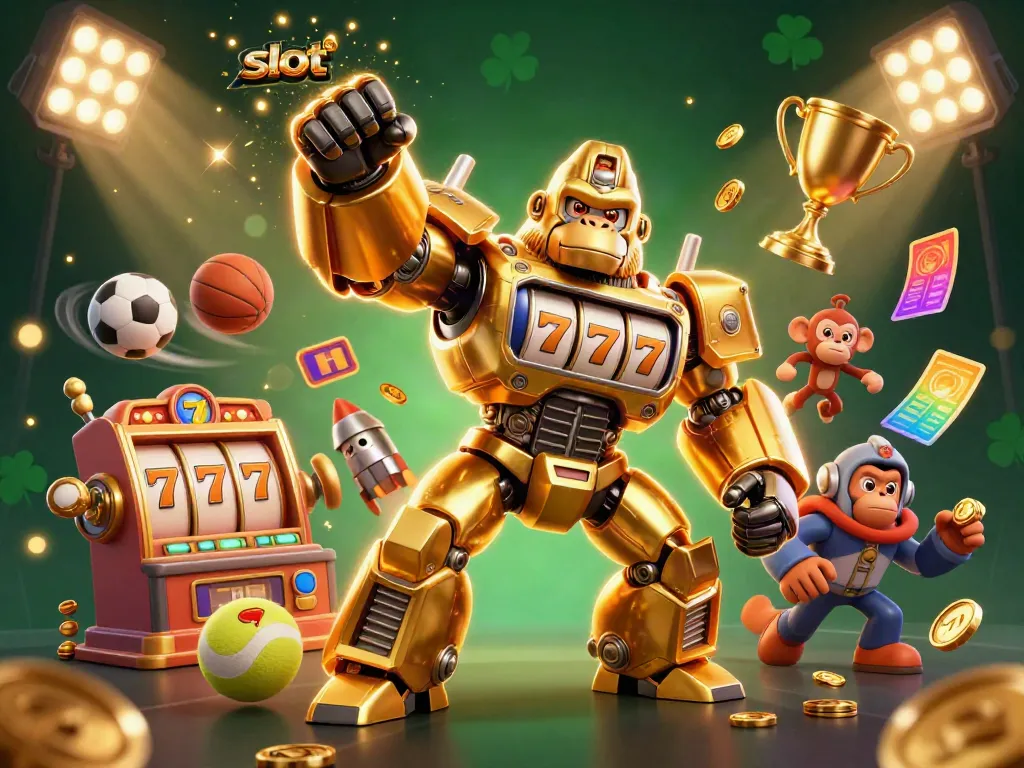 Experience thrilling slot adventures with a golden gorilla mech in this dynamic illustration.