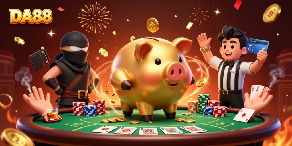 Experience excitement at DA88 with a golden piggy bank sumo wrestler and poker elements.