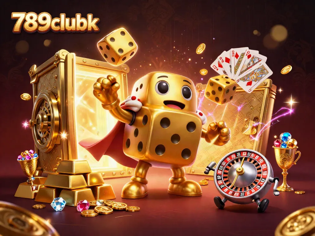 Engage in the thrills of gaming at 789clubk, watching a golden dice golem and friends amid treasure!