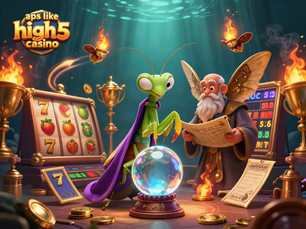 Engage with apps like high 5 casino in this vibrant 3D illustration showcasing casino slots and magical characters.