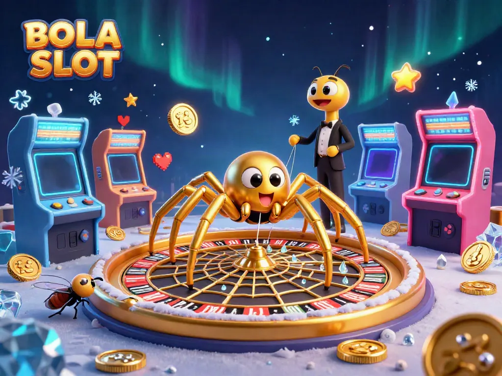 Experience the thrill of BOLA SLOT with a vibrant 3D scene featuring a spider spinning a roulette web and a nervous fly betting.