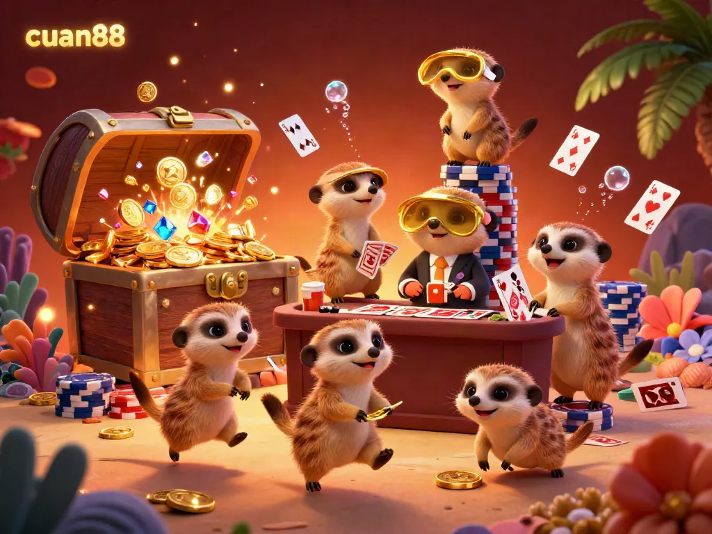 Experience the dynamic energy of cuan88 with meerkats orchestrating a vibrant casino scene.