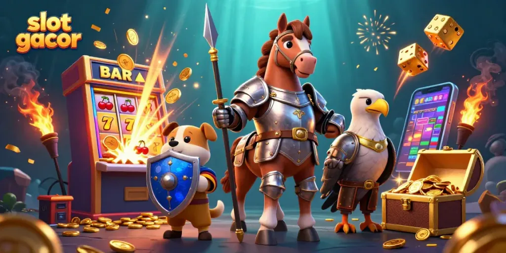 Experience thrilling moments with slot gacor as medieval heroes celebrate jackpots amidst a colorful casino scene.