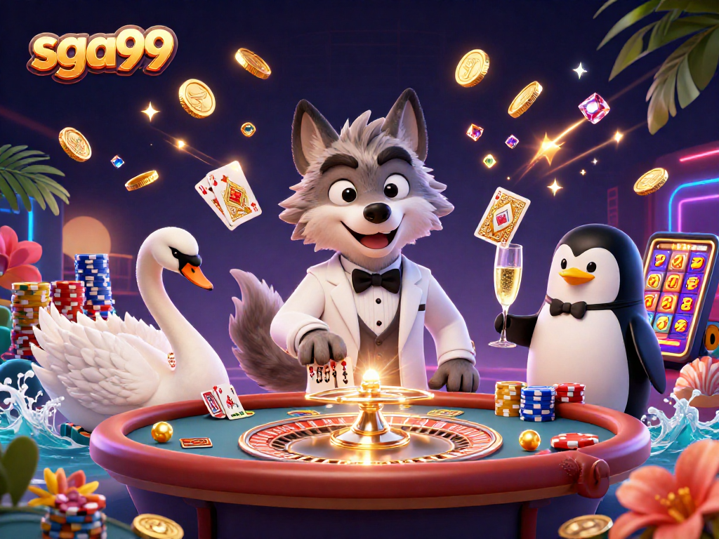 Engage with thrilling gameplay at sga99, featuring a debonair wolf and elegant characters amidst vibrant casino elements.