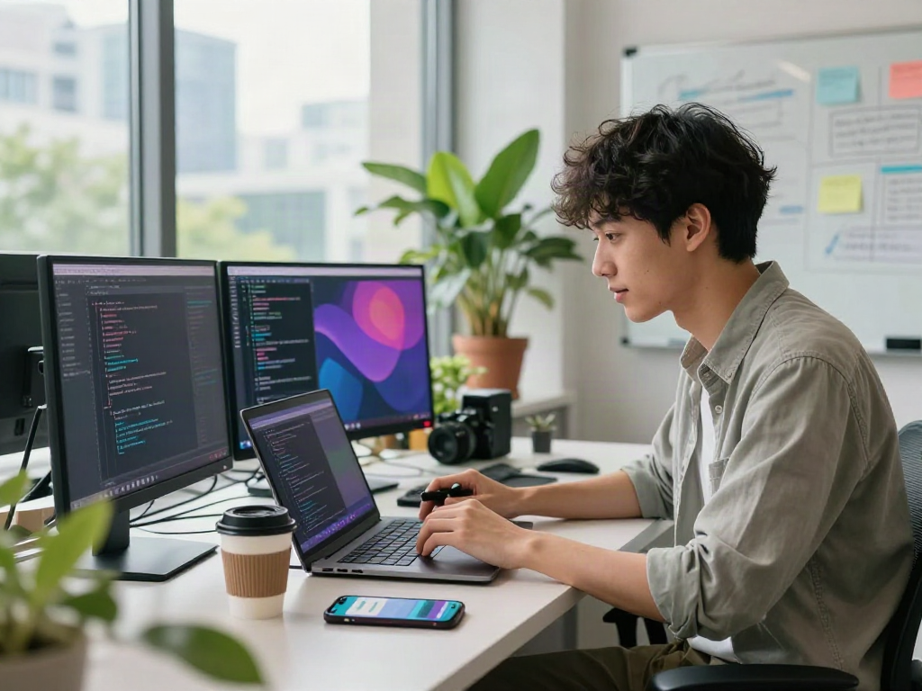 Developer coding on a laptop within a modern workspace, focused on creating pikashow apk applications, with vibrant office backdrop.