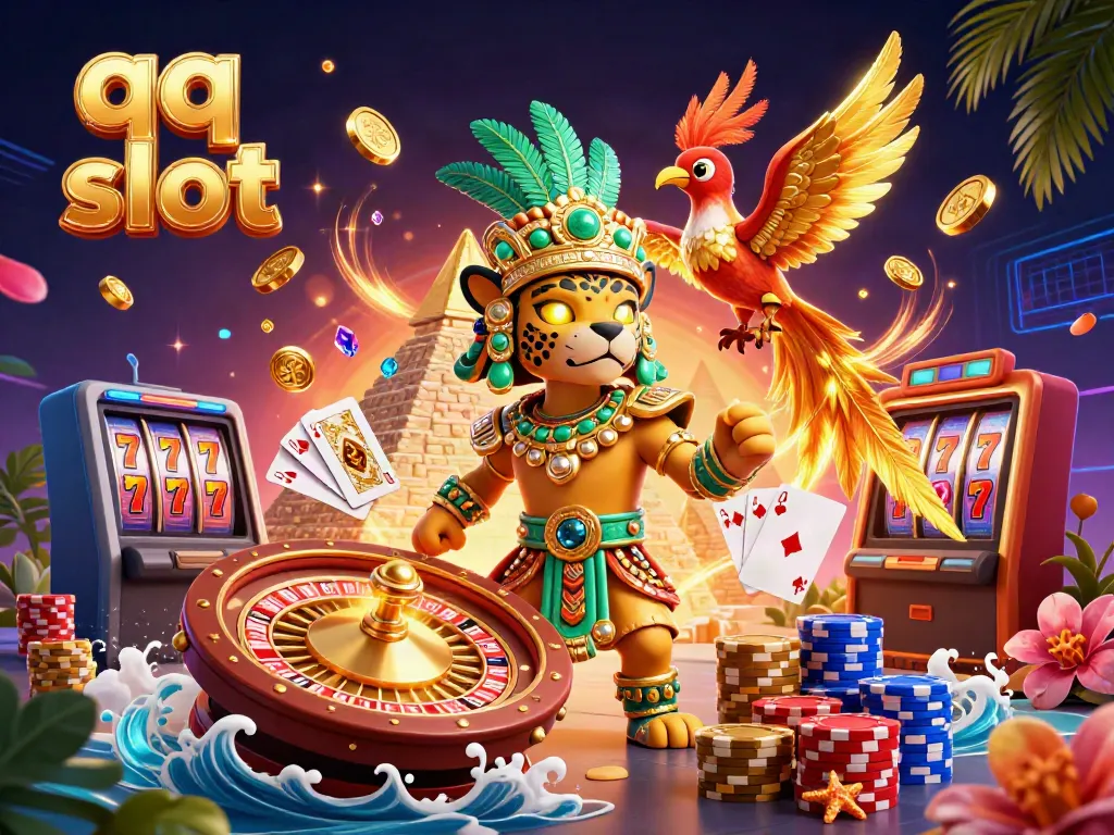 Experience qq slot action with a vibrant Mayan-themed casino scene filled with golden coins, gems, and excitement.
