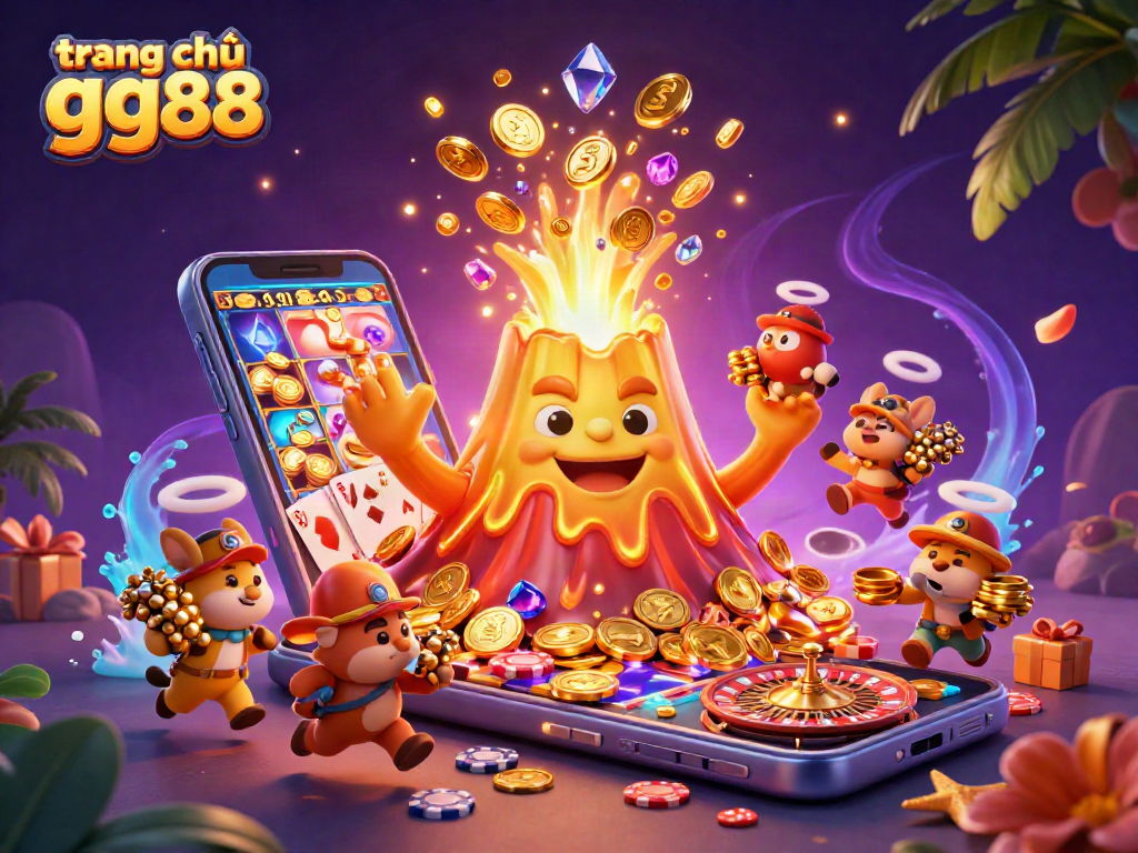 Experience the excitement of the trang chủ gg88 casino with a joyful golden volcano erupting coins and treasure amidst vibrant gameplay elements.