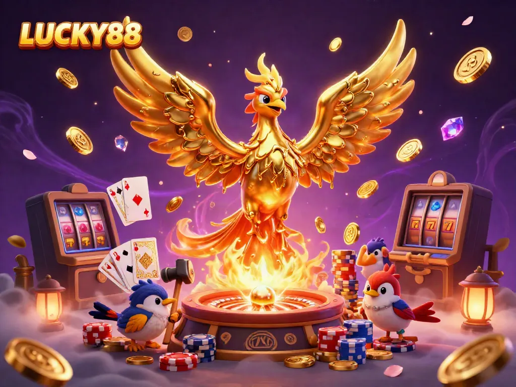 Join LUCKY88 for exhilarating wins with a golden phoenix rising from riches in this vibrant casino scene.