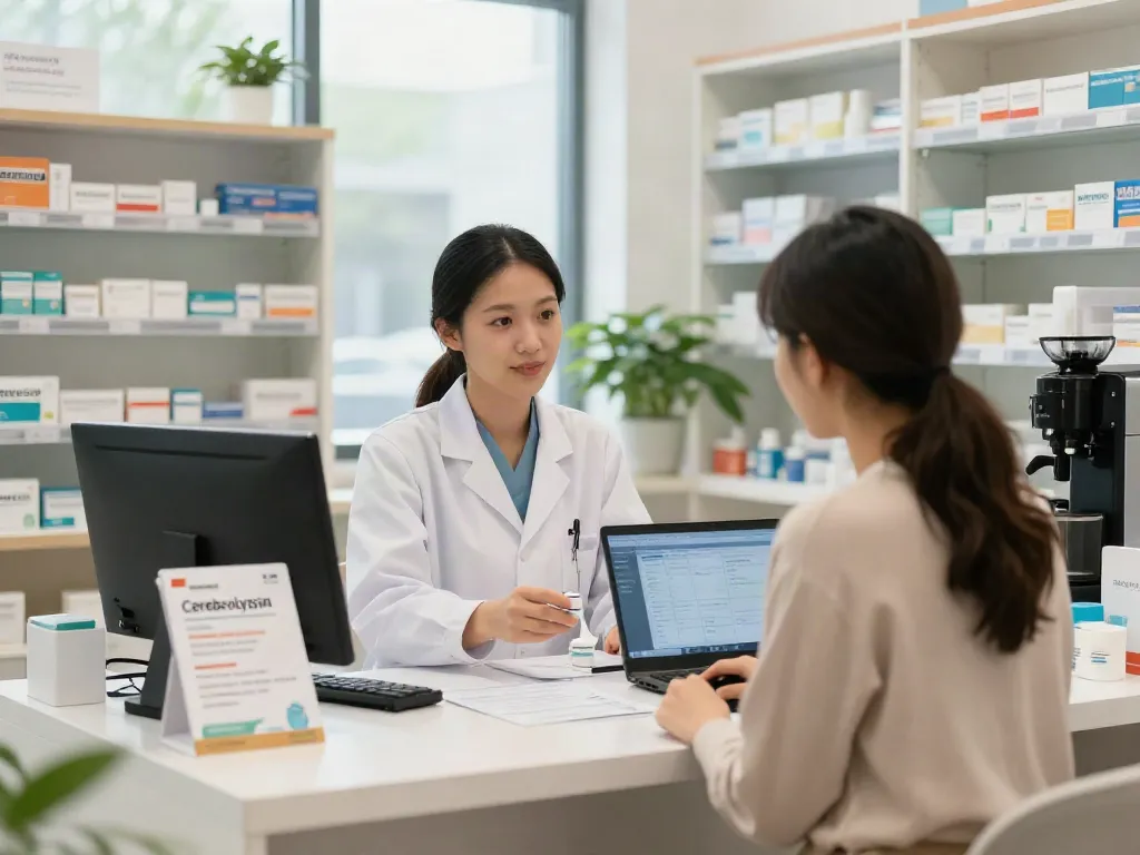 Cerebrolysin where to buy: pharmacist assisting with product inquiries in a modern pharmacy.