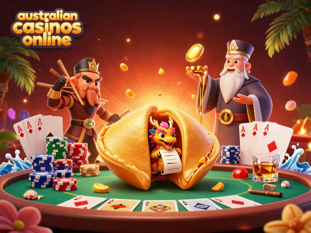 Engage with the vibrant atmosphere of leading australian casinos online showcasing fortune cookies and poker elements.
