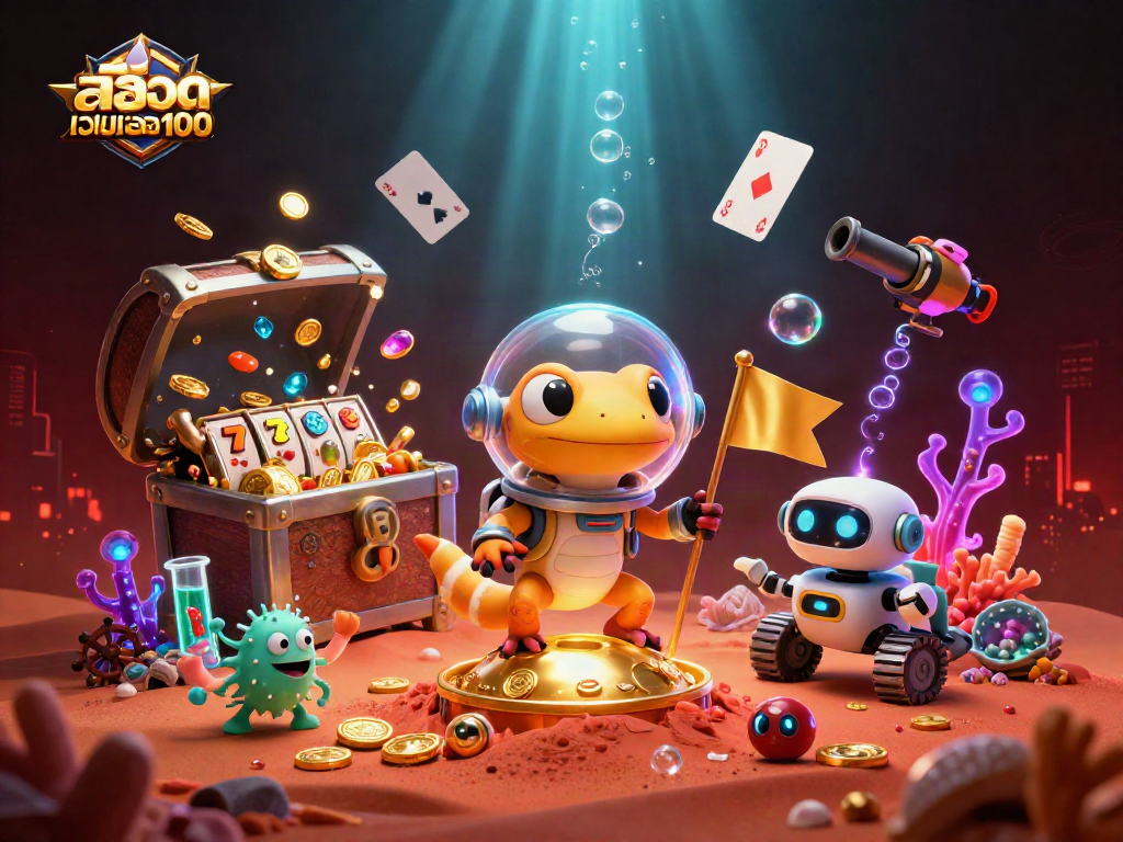 Experience สล็อตเว็บตรง100 with a Martian gecko discovering a golden casino amid vibrant treasures.