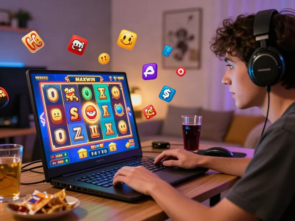 Engaged player exploring slot maxwin in vibrant online gaming setup with immersive graphics.