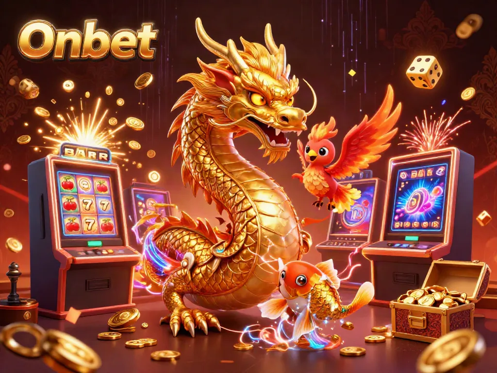 Spin the reels at Onbet with a vibrant scene featuring a golden dragon, phoenix, and koi fish amidst jackpot chaos.