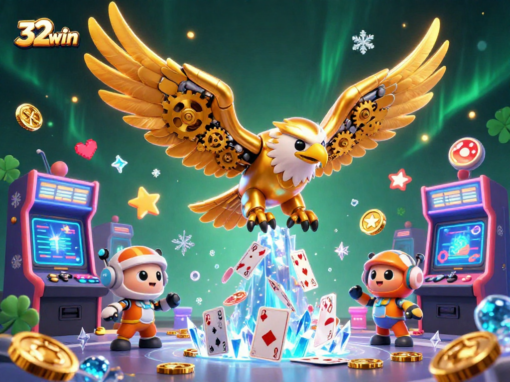 Experience the thrill of 32win with a cybernetic eagle diving through holographic cards, embodying the excitement of online gambling.