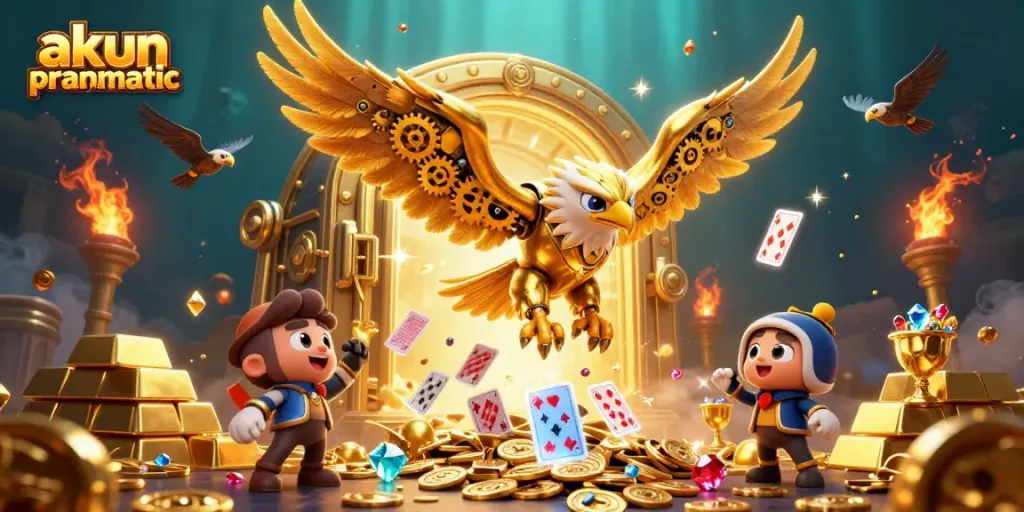 Engage with akun pragmatic in a vivid 3D casino scene featuring treasures and playing cards.