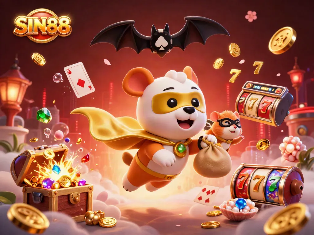 SIN88 casino scene with a superhero dog and hamster amidst exciting jackpot and slot elements.