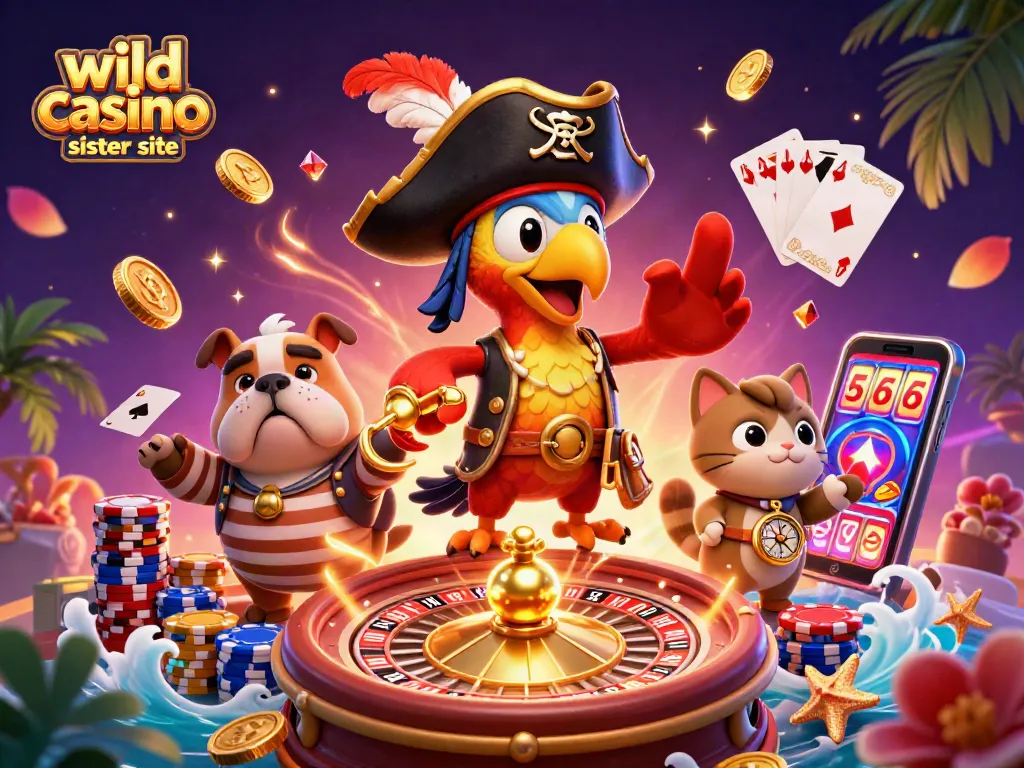 Engage with the wild casino sister site featuring cartoon pirate characters amidst vibrant casino elements.