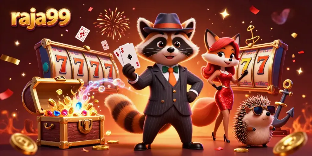 Experience thrilling slots at raja99 with a suave raccoon, a dazzling fox, and a bouncer in an exciting casino scene.