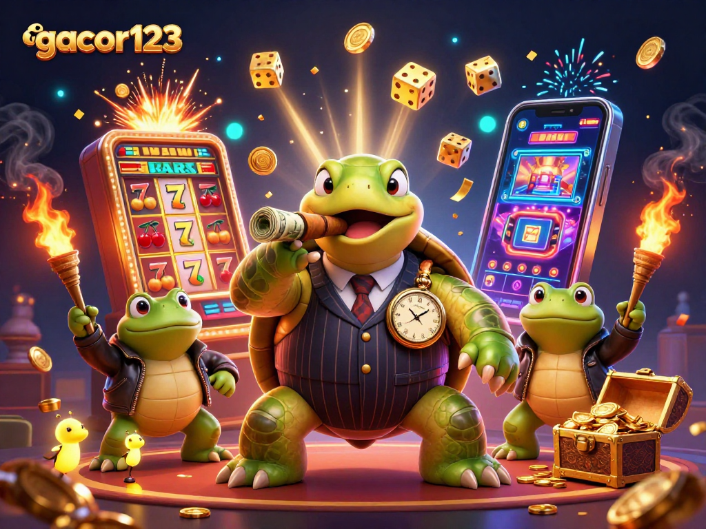 Experience gacor123's exhilarating jackpot slots with a 3D cartoon mobster turtle and vibrant gaming features.