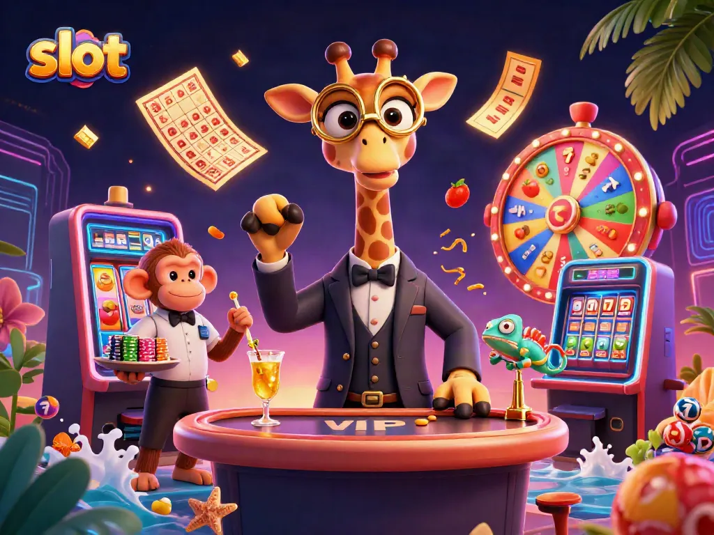 Slot mesin yang berputar dengan karakter kartun menghibur dalam suasana kasino meriah.