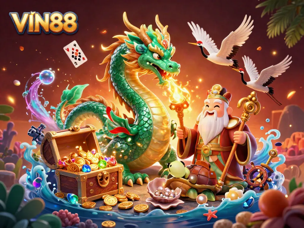 Experience thrilling adventures with VIN88's enchanting casino illustration featuring iconic elements.