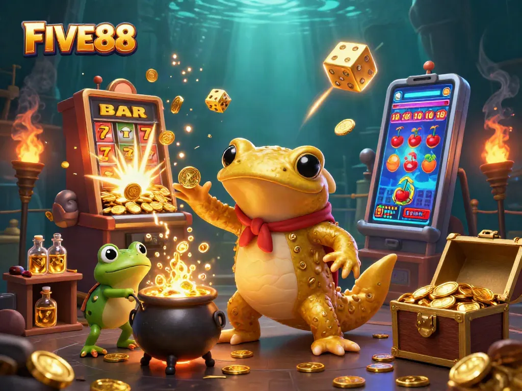 Engage with FIVE88's thrilling casino scene featuring a golden salamander alchemist amidst a jackpot explosion.