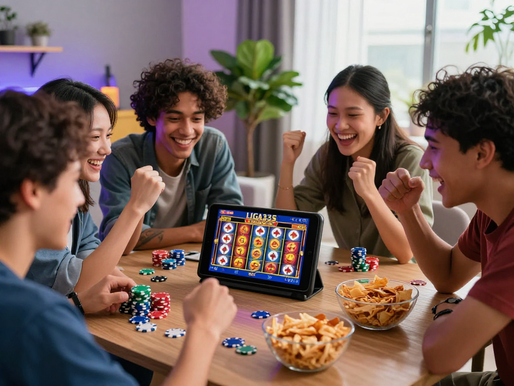Pengguna bermain slot digital LIGA335 bersama teman, menunjukkan pengalaman menyenangkan.